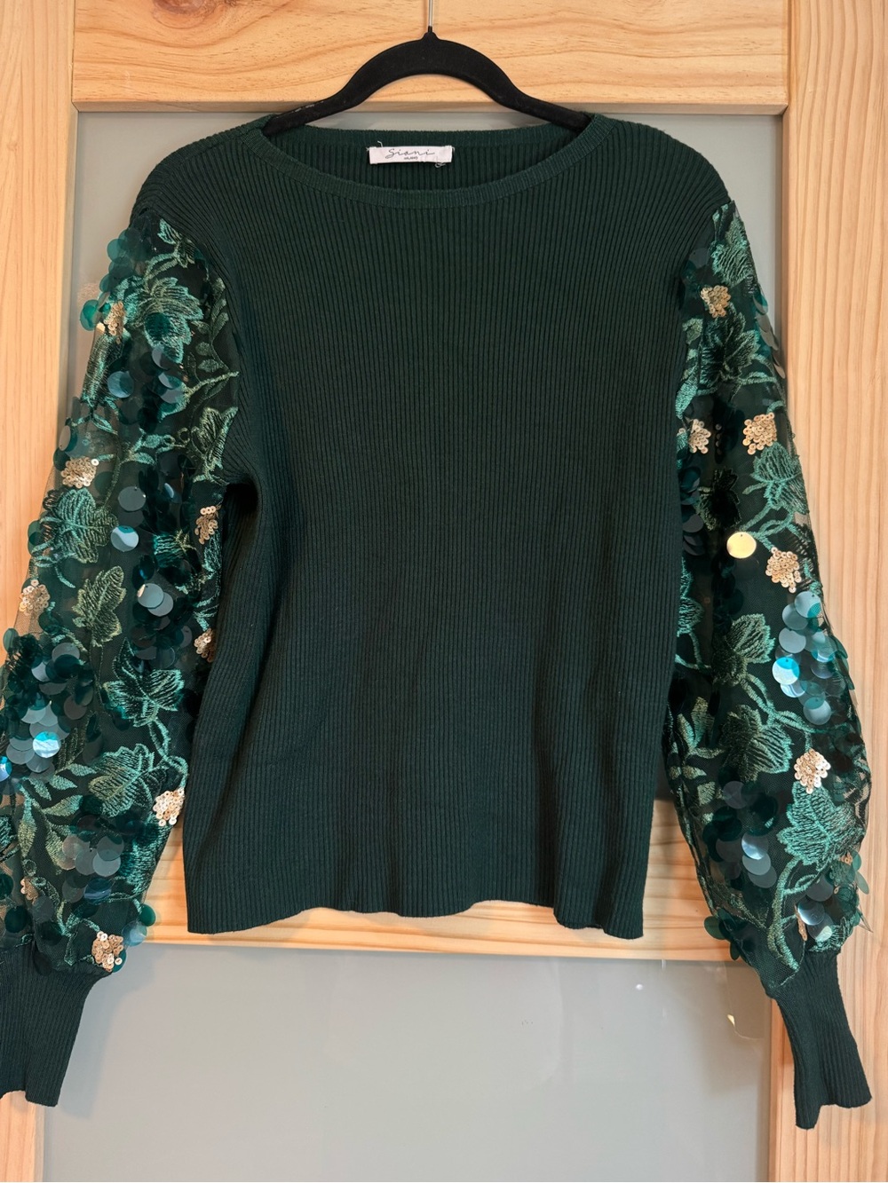 Emerald Mesh Sequin Sleeve Sweater Floral Statement Party Top